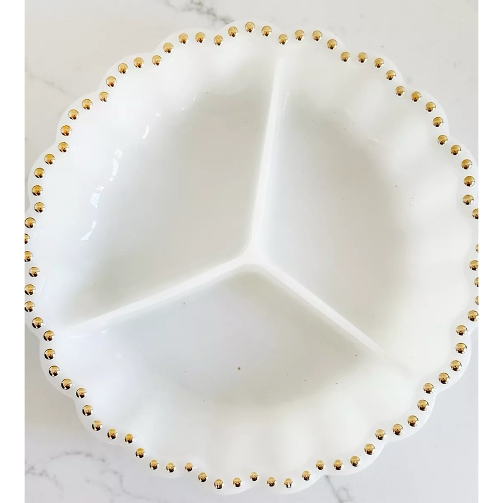 Vintage White Milk Glass Divided Serving Dish Fluted Edge with Gold Accents